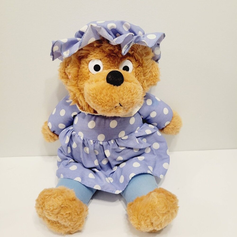 Vtg Plush Mama Teddy Bear Toy In Purple Polka Dot Dress With Hat